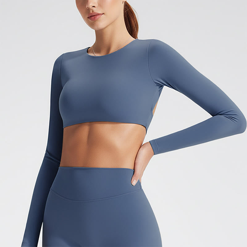 Biustonosz sportowy z długim rękawem i odkrytymi plecami Buddha Stones, do jogi i fitnessu, damski top bez rękawów - Stalowoniebieski - US12, UK/AU16, EU44 (XL) - image 8