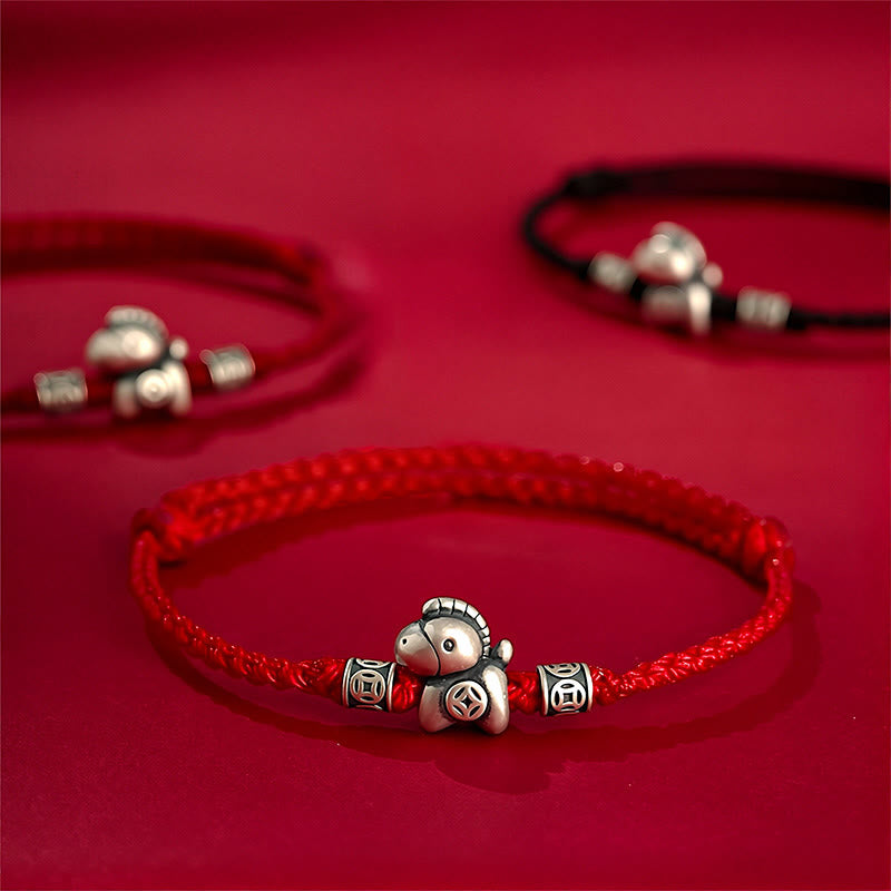 Bransoletka ochronna z plecionego sznurka z Buddha Stones z roku konia ze srebra próby 999 - image 0