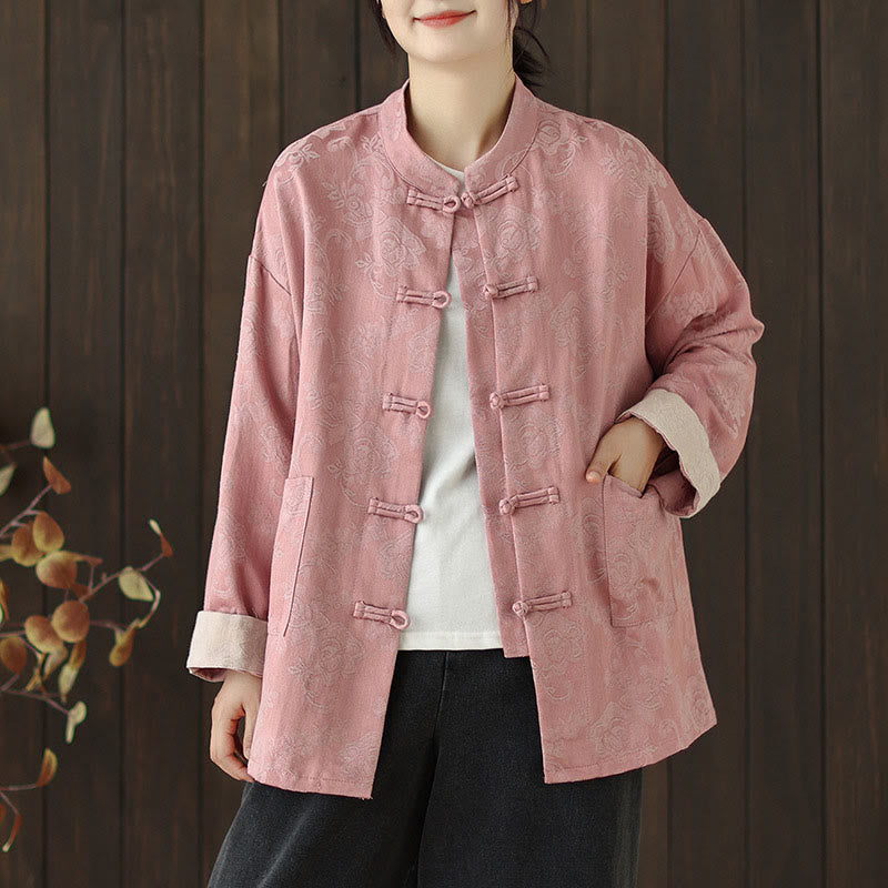 Koszula damska z długim rękawem z bawełny z nadrukiem w kwiaty i żabą na guziki w kształcie Buddha Stones - Różowy - US8-10，UK/AU12-14，EU40-42 (2XL) - image 0