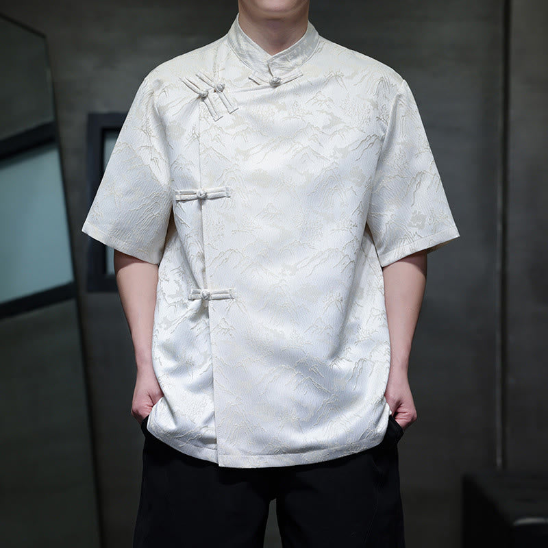 Koszula męska z krótkim rękawem z bawełny żakardowej z motywem Buddha Stones, letnim wzorem górskim i guzikami w żaby chińskie - Biały - US/UK/AU42， EU52 (3XL) - image 0