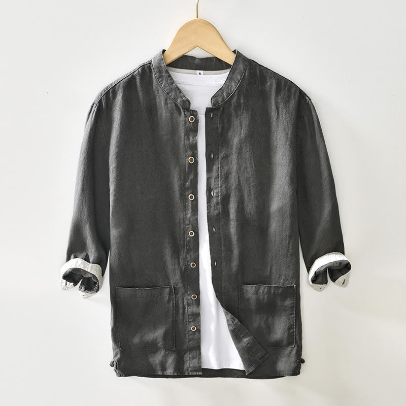 Koszula męska z lnianej tkaniny z Buddha Stones, z guzikami w jednolitym kolorze, z kołnierzykiem w kształcie stójki i rękawami trzy czwarte - Ciemnoszary - US/UK/AU42， EU52 (3XL) - image 0