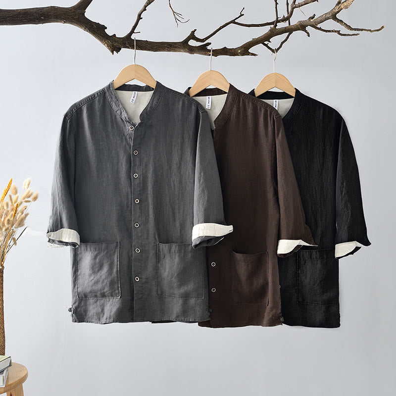 Koszula męska z lnianej tkaniny z Buddha Stones, z guzikami w jednolitym kolorze, z kołnierzykiem w kształcie stójki i rękawami trzy czwarte - image 1
