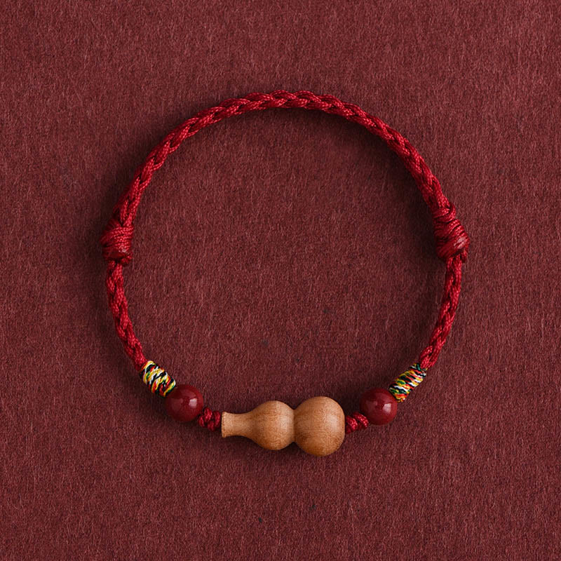 Bransoletka z regulowanym sznurkiem i Buddha Stones, tykwą i drewnem brzoskwiniowym, zapewniająca bogactwo i szczęście - Ciemnoczerwona lina (obwód nadgarstka: 15-19 cm) - image 0