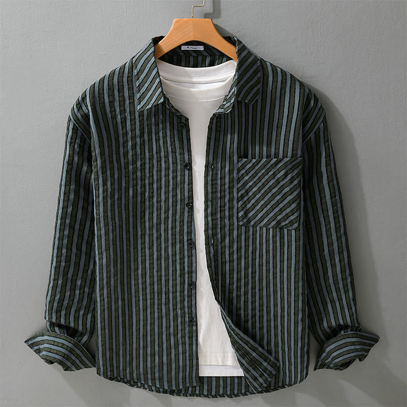 Koszula męska z bawełny w paski z długim rękawem i stójką w stylu vintage z Buddha Stones - LightSteelBlue - US/UK/AU42， EU52 (3XL) - image 0