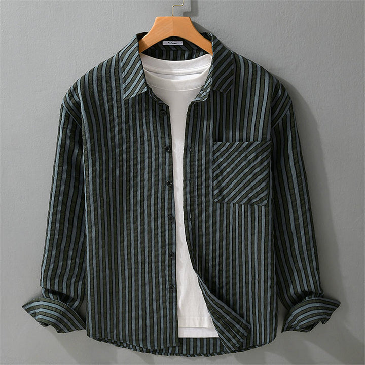 Koszula męska z bawełny w paski z długim rękawem i stójką w stylu vintage z Buddha Stones - LightSteelBlue - US/UK/AU42， EU52 (3XL) - image 0