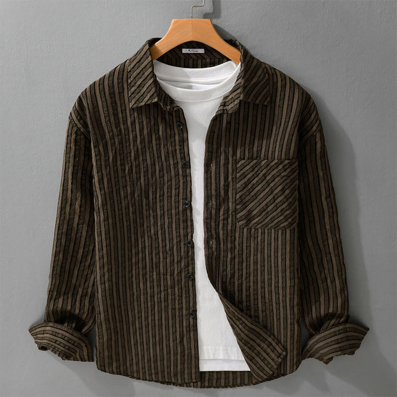 Koszula męska z bawełny w paski z długim rękawem i stójką w stylu vintage z Buddha Stones - SaddleBrown - US/UK/AU42， EU52 (3XL) - image 7