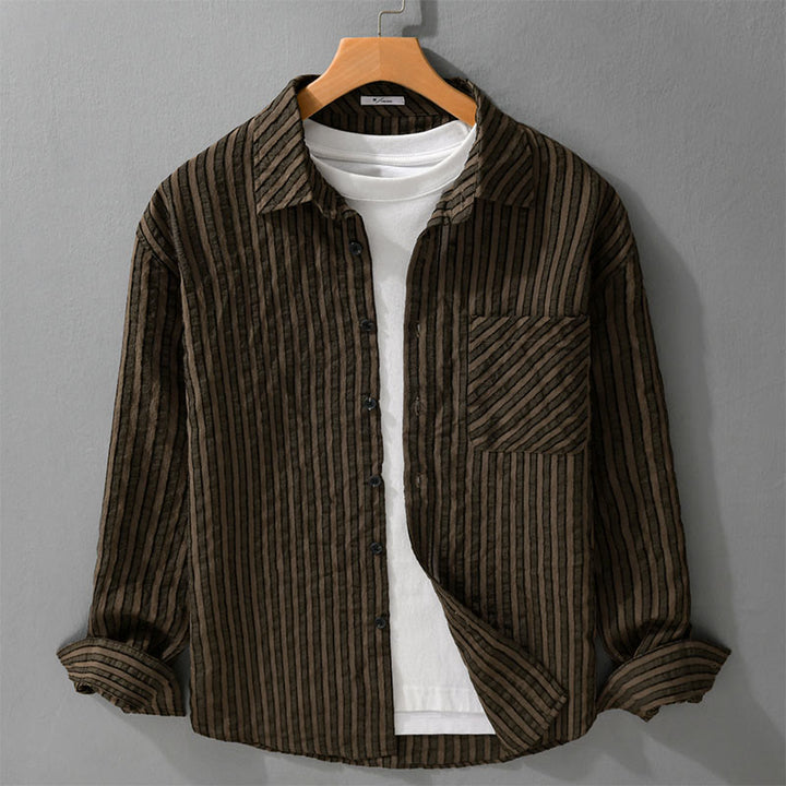 Koszula męska z bawełny w paski z długim rękawem i stójką w stylu vintage z Buddha Stones - SaddleBrown - US/UK/AU42， EU52 (3XL) - image 7