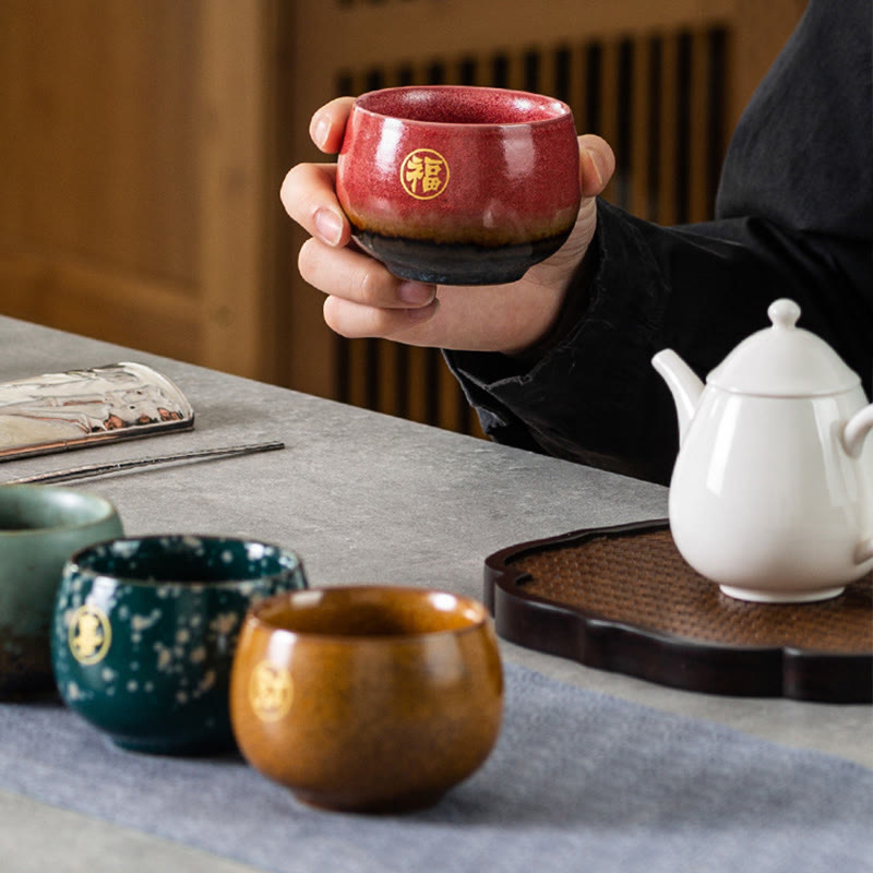 Ceramiczna filiżanka do herbaty Kung Fu z ręcznie malowanymi Buddha Stones i postaciami Fu w pudełku prezentowym - image 2