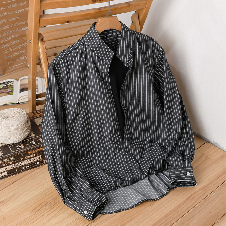 Koszula męska z długim rękawem i bawełnianym kołnierzykiem w paski z Buddha Stones, jesień 2 w 1 - Czarny - US/UK/AU42， EU52 (3XL) - image 10