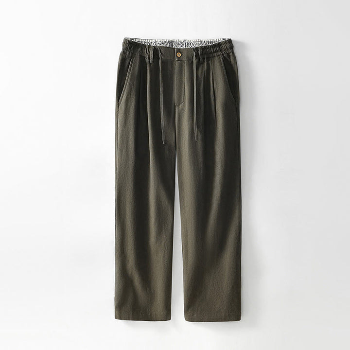 Spodnie męskie lniane z szerokimi nogawkami i kieszeniami, z Buddha Stones Fall, ze ściągaczem i zamkiem błyskawicznym - Oliwka - US/UK/AU44， EU54 (4XL) - image 14