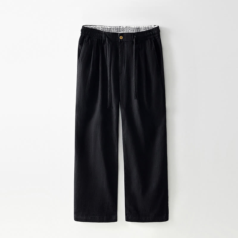 Spodnie męskie lniane z szerokimi nogawkami i kieszeniami, z Buddha Stones Fall, ze ściągaczem i zamkiem błyskawicznym - Czarny - US/UK/AU44， EU54 (4XL) - image 9