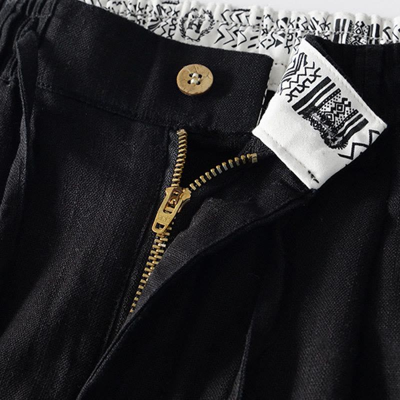 Spodnie męskie lniane z szerokimi nogawkami i kieszeniami, z Buddha Stones Fall, ze ściągaczem i zamkiem błyskawicznym - image 12