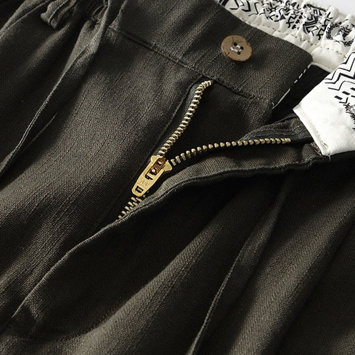 Spodnie męskie lniane z szerokimi nogawkami i kieszeniami, z Buddha Stones Fall, ze ściągaczem i zamkiem błyskawicznym - image 18