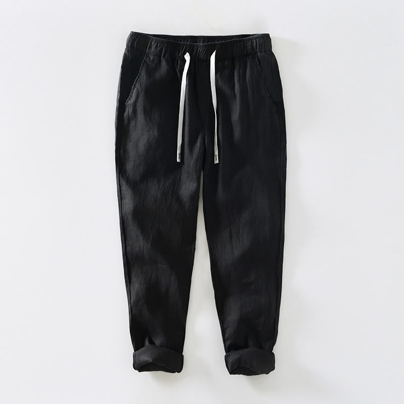 Męskie lniane spodnie do kostek z kieszeniami i ściągaczem w pasie z Buddha Stones - Czarny - US/UK/AU44， EU54 (4XL) - image 5