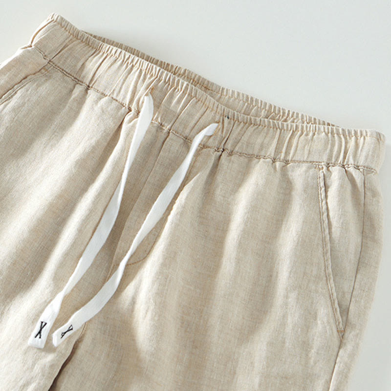 Męskie lniane spodnie do kostek z kieszeniami i ściągaczem w pasie z Buddha Stones - image 1