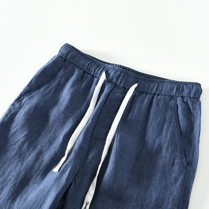 Męskie lniane spodnie do kostek z kieszeniami i ściągaczem w pasie z Buddha Stones - image 9