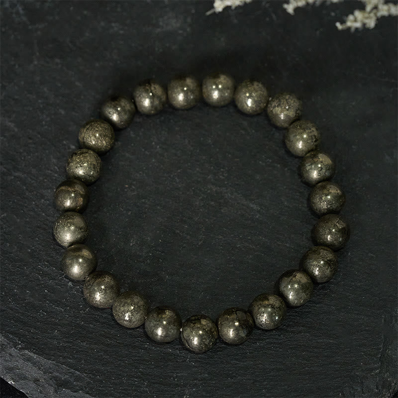 Bransoletka z okrągłych koralików pirytu i Buddha Stones, pewność siebie i obfitość - Piryt (obwód nadgarstka: 15-16 cm) - image 0