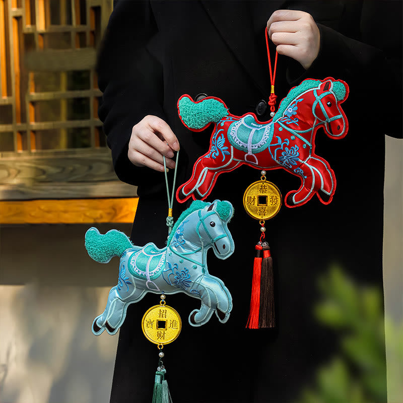 Buddha Stones Rok Konia Haft Miedziane Monety Dzwonek Zawieszka Chwost Bogactwo Sukces Wisząca Dekoracja - image 0