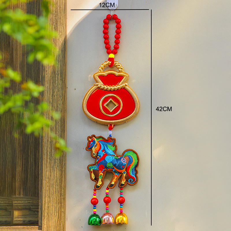 Buddha Stones Rok Konia Haft Worek Pieniędzy Tykwa Miedziane Monety Dzwonek Wiszący Dekoracja Sukcesu - image 2