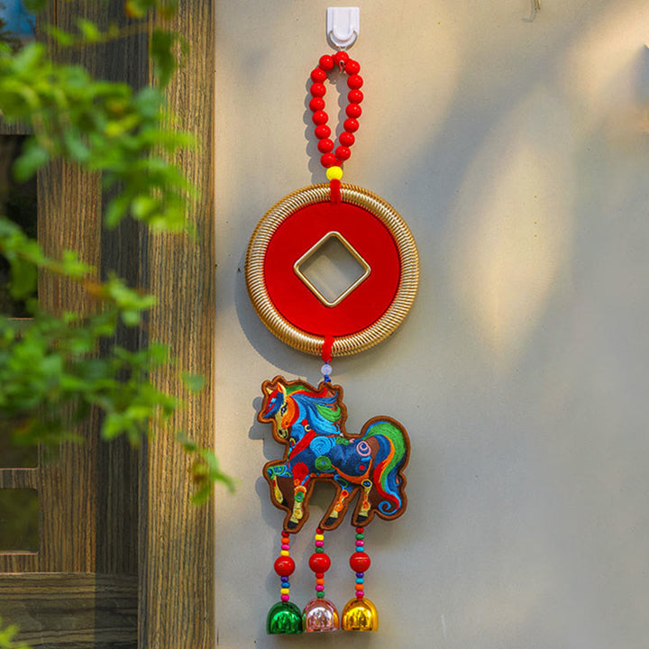 Buddha Stones Rok Konia Haft Worek Pieniędzy Tykwa Miedziane Monety Dzwonek Wiszący Dekoracja Sukcesu - Brązowe monety z końmi i miedzią (12*42 cm) - image 7