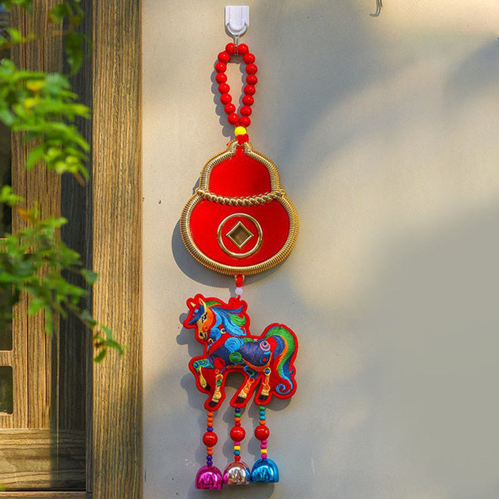 Buddha Stones Rok Konia Haft Worek Pieniędzy Tykwa Miedziane Monety Dzwonek Wiszący Dekoracja Sukcesu - Czerwony Koń i Dynia (12*43 cm) - image 11