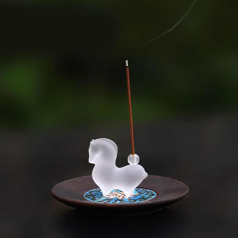 Buddha Stones Rok Konia Strąk Lotosu Liść Lotosu Kryształ Liuli Dzieło Sztuki Dekoracja Energetyczna Do Domu i Biura - Koń z otworem na kadzidło i drewnianą podkładką - image 13