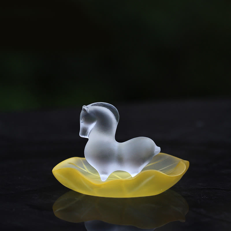 Buddha Stones Rok Konia Strąk Lotosu Liść Lotosu Kryształ Liuli Dzieło Sztuki Dekoracja Energetyczna Do Domu i Biura - Podkładka z liści konia i żółtego lotosu - image 4