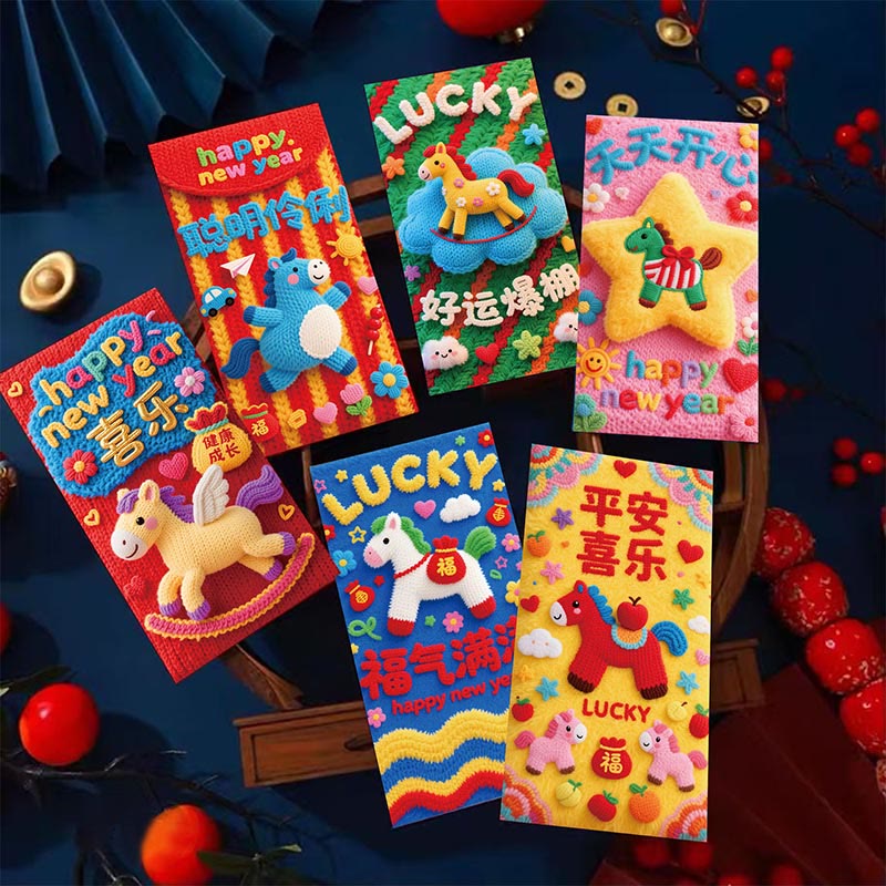 Buddha Stones Rok Konia 2026 Nowy Rok Szczęśliwe 6 szt. Chińska czerwona koperta - 6 szt. czerwonych kopert z koniem (16,6*8,8 cm) - image 0