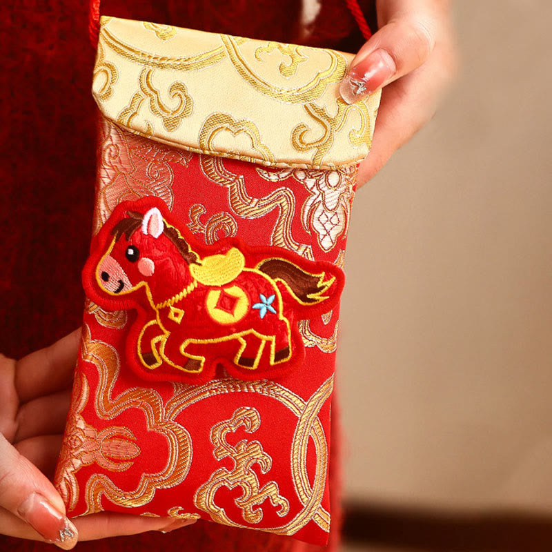 Buddha Stones Rok Konia 2026 Nowy Rok Fu Postać Szczęśliwy Haft Chińska Czerwona Koperta - Żółty koń w sztabkach (10,5*18,5 cm) - image 11