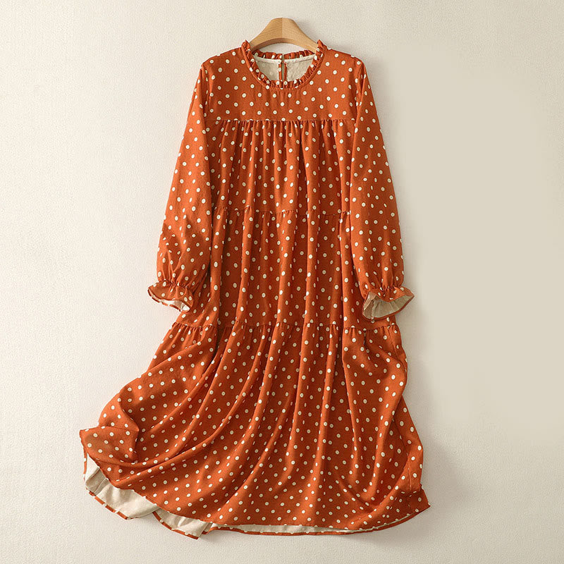 Sukienka midi damska z bawełny z okrągłym dekoltem i długim rękawem, z motywem kamieni Buddha Stones w groszki - Koral - US14, UK/AU18, EU46 (2XL) - image 0
