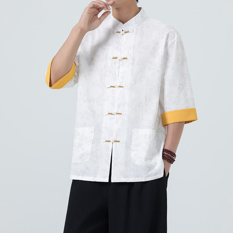 Koszula męska z krótkim rękawem z bawełny lnianej, z motywem kwiatów brzoskwini w kształcie Buddha Stones , zapinana na guziki w chińskiej żabie - Biały - US/UK/AU46， EU56 (5XL) - image 15