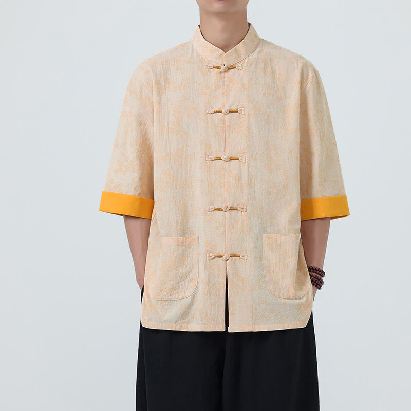 Koszula męska z krótkim rękawem z bawełny lnianej, z motywem kwiatów brzoskwini w kształcie Buddha Stones , zapinana na guziki w chińskiej żabie - For - US/UK/AU46， EU56 (5XL) - image 9