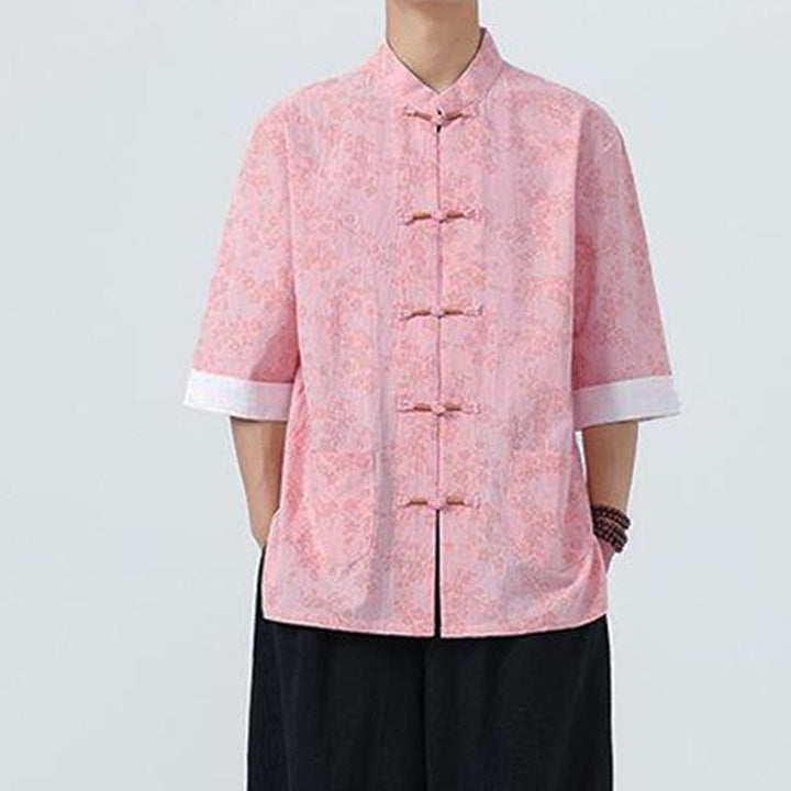 Koszula męska z krótkim rękawem z bawełny lnianej, z motywem kwiatów brzoskwini w kształcie Buddha Stones , zapinana na guziki w chińskiej żabie - image 13