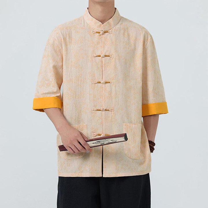 Koszula męska z krótkim rękawem z bawełny lnianej, z motywem kwiatów brzoskwini w kształcie Buddha Stones , zapinana na guziki w chińskiej żabie - image 10