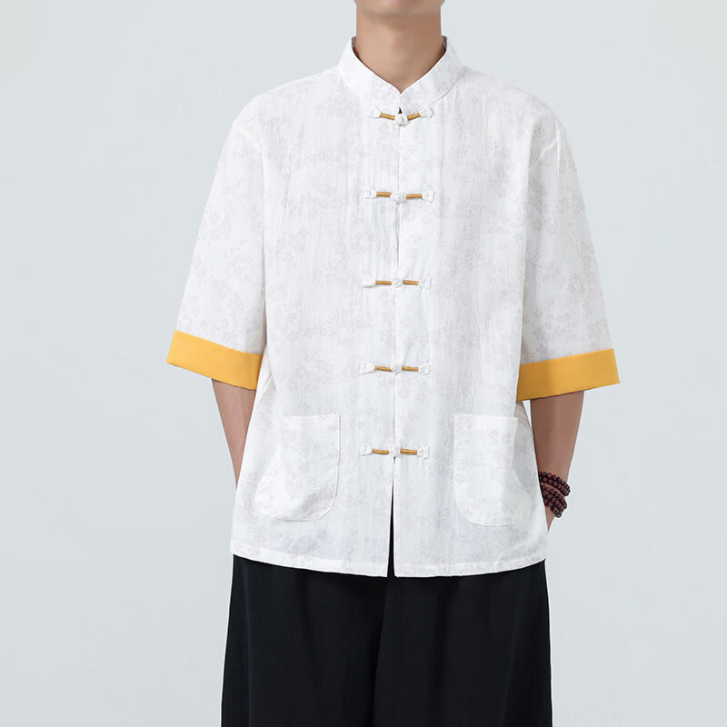 Koszula męska z krótkim rękawem z bawełny lnianej, z motywem kwiatów brzoskwini w kształcie Buddha Stones , zapinana na guziki w chińskiej żabie - image 16