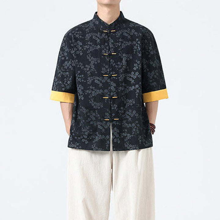 Koszula męska z krótkim rękawem z bawełny lnianej, z motywem kwiatów brzoskwini w kształcie Buddha Stones , zapinana na guziki w chińskiej żabie - image 4