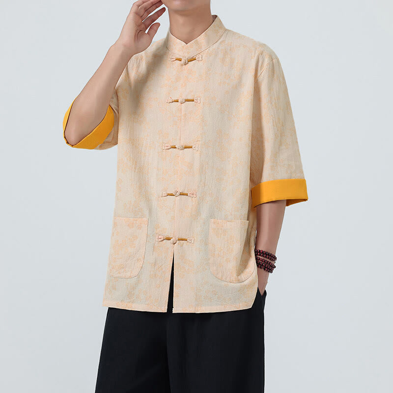 Koszula męska z krótkim rękawem z bawełny lnianej, z motywem kwiatów brzoskwini w kształcie Buddha Stones , zapinana na guziki w chińskiej żabie - image 11