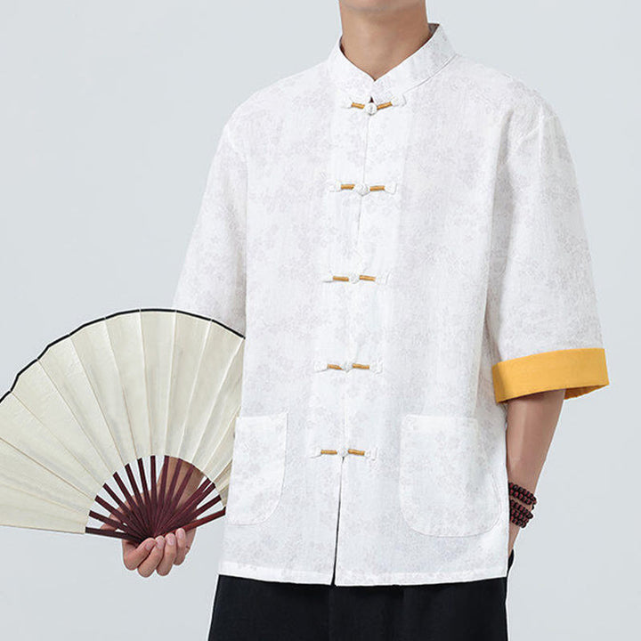 Koszula męska z krótkim rękawem z bawełny lnianej, z motywem kwiatów brzoskwini w kształcie Buddha Stones , zapinana na guziki w chińskiej żabie - image 17