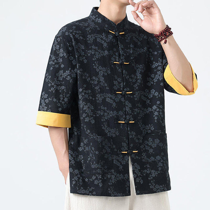 Koszula męska z krótkim rękawem z bawełny lnianej, z motywem kwiatów brzoskwini w kształcie Buddha Stones , zapinana na guziki w chińskiej żabie - image 2