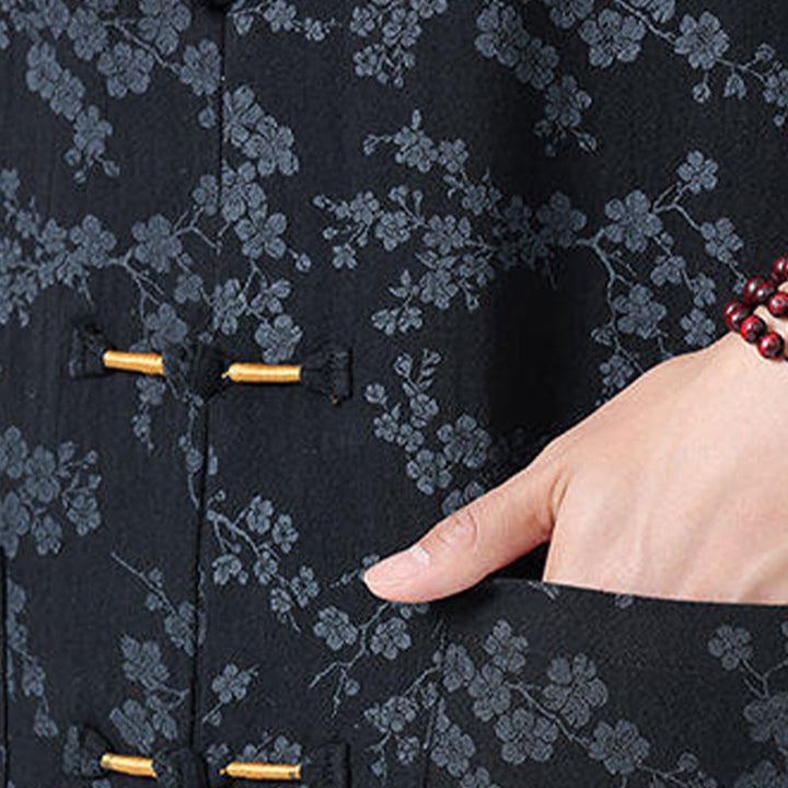 Koszula męska z krótkim rękawem z bawełny lnianej, z motywem kwiatów brzoskwini w kształcie Buddha Stones , zapinana na guziki w chińskiej żabie - image 7