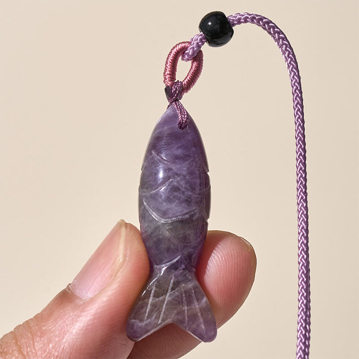 Rzeźba z Buddha Stones z rybą Koi w kolorze różowym, indyjskim agatem i ametystem, naszyjnik z wisiorkiem, symbolizujący ciepło i dobrobyt - image 14