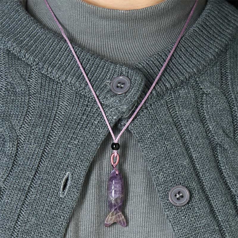 Rzeźba z Buddha Stones z rybą Koi w kolorze różowym, indyjskim agatem i ametystem, naszyjnik z wisiorkiem, symbolizujący ciepło i dobrobyt - image 15