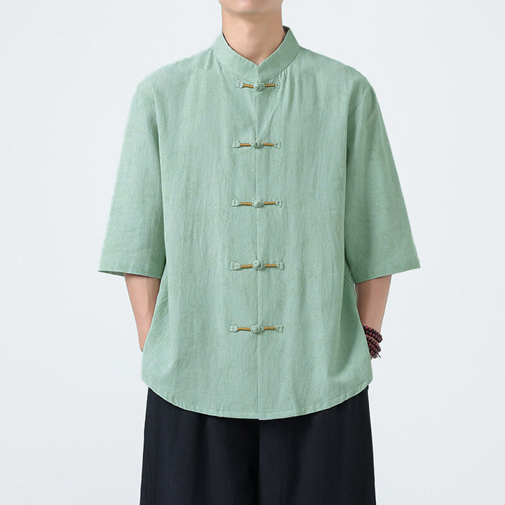 Koszula męska z krótkim rękawem z bawełny lnianej, z motywem liści bambusa i Buddha Stones , zapinana na guziki w chińskiej żabie - Akwamaryn - US/UK/AU46， EU56 (5XL) - image 11