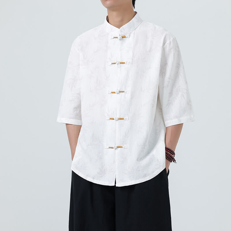 Koszula męska z krótkim rękawem z bawełny lnianej, z motywem liści bambusa i Buddha Stones , zapinana na guziki w chińskiej żabie - Biały - US/UK/AU46， EU56 (5XL) - image 15