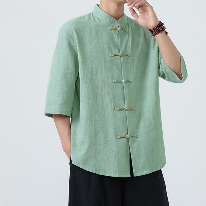 Koszula męska z krótkim rękawem z bawełny lnianej, z motywem liści bambusa i Buddha Stones , zapinana na guziki w chińskiej żabie - image 13