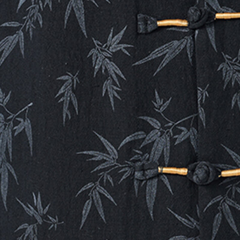 Koszula męska z krótkim rękawem z bawełny lnianej, z motywem liści bambusa i Buddha Stones , zapinana na guziki w chińskiej żabie - image 3