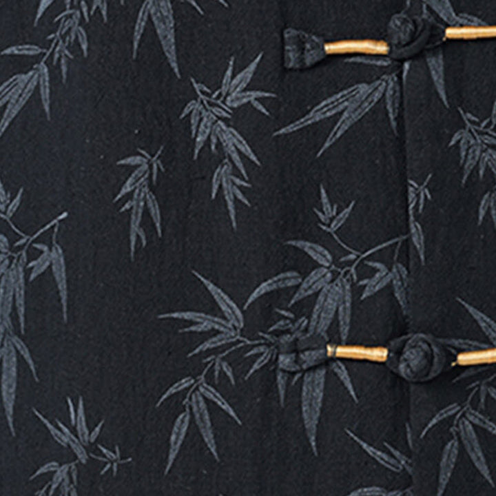 Koszula męska z krótkim rękawem z bawełny lnianej, z motywem liści bambusa i Buddha Stones , zapinana na guziki w chińskiej żabie - image 3