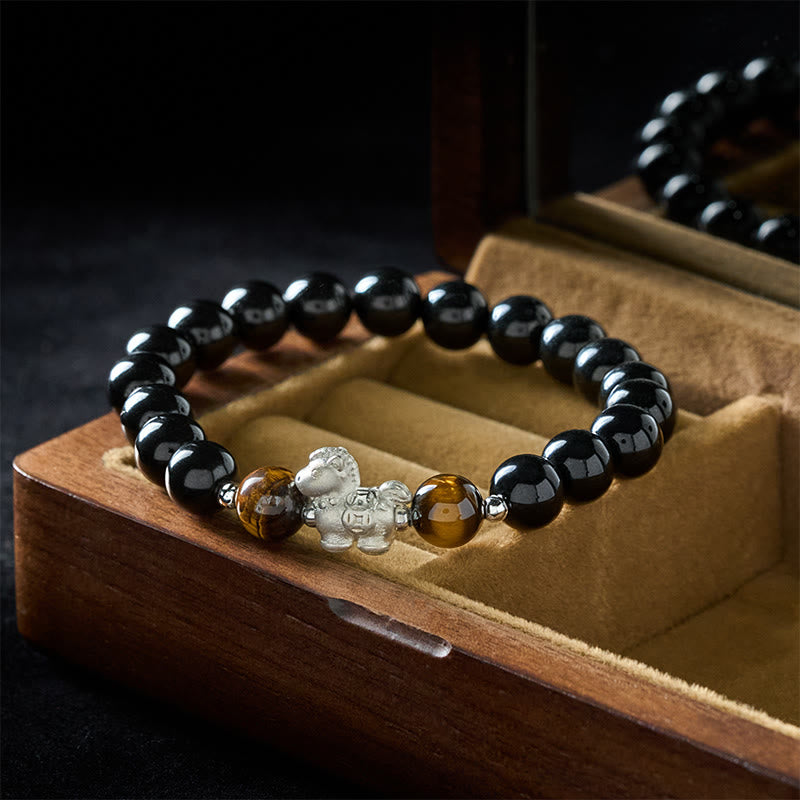 Buddha Stones Rok Konia Srebro próby 999 z zawieszką w kształcie konia i czarnym obsydianem, bransoletka siły z tygrysim okiem - image 2