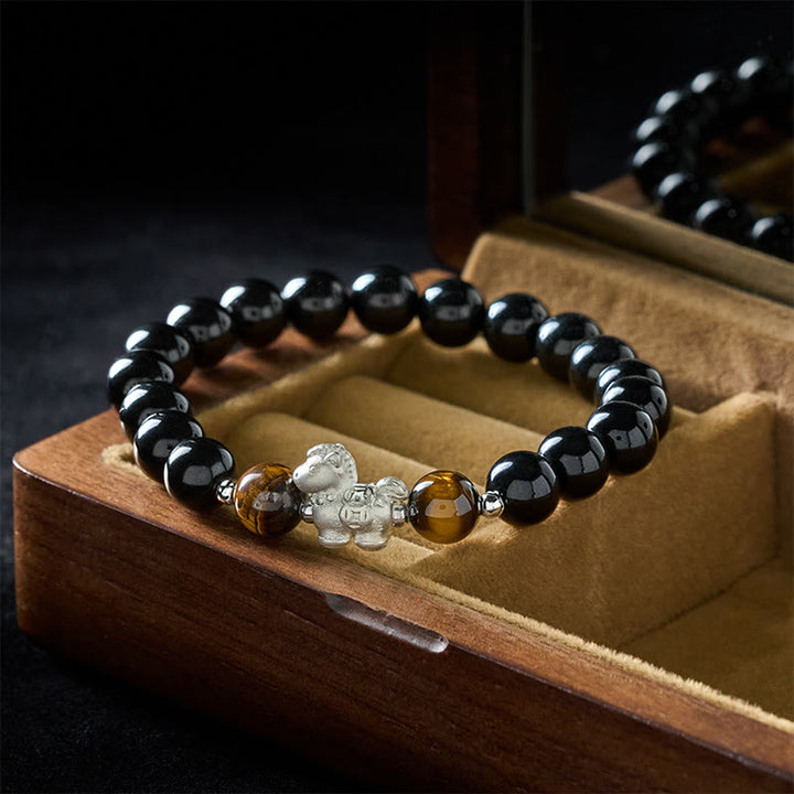 Buddha Stones Rok Konia Srebro próby 999 z zawieszką w kształcie konia i czarnym obsydianem, bransoletka siły z tygrysim okiem - image 2