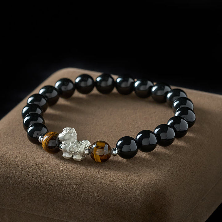 Buddha Stones Rok Konia Srebro próby 999 z zawieszką w kształcie konia i czarnym obsydianem, bransoletka siły z tygrysim okiem - 10 mm - image 0
